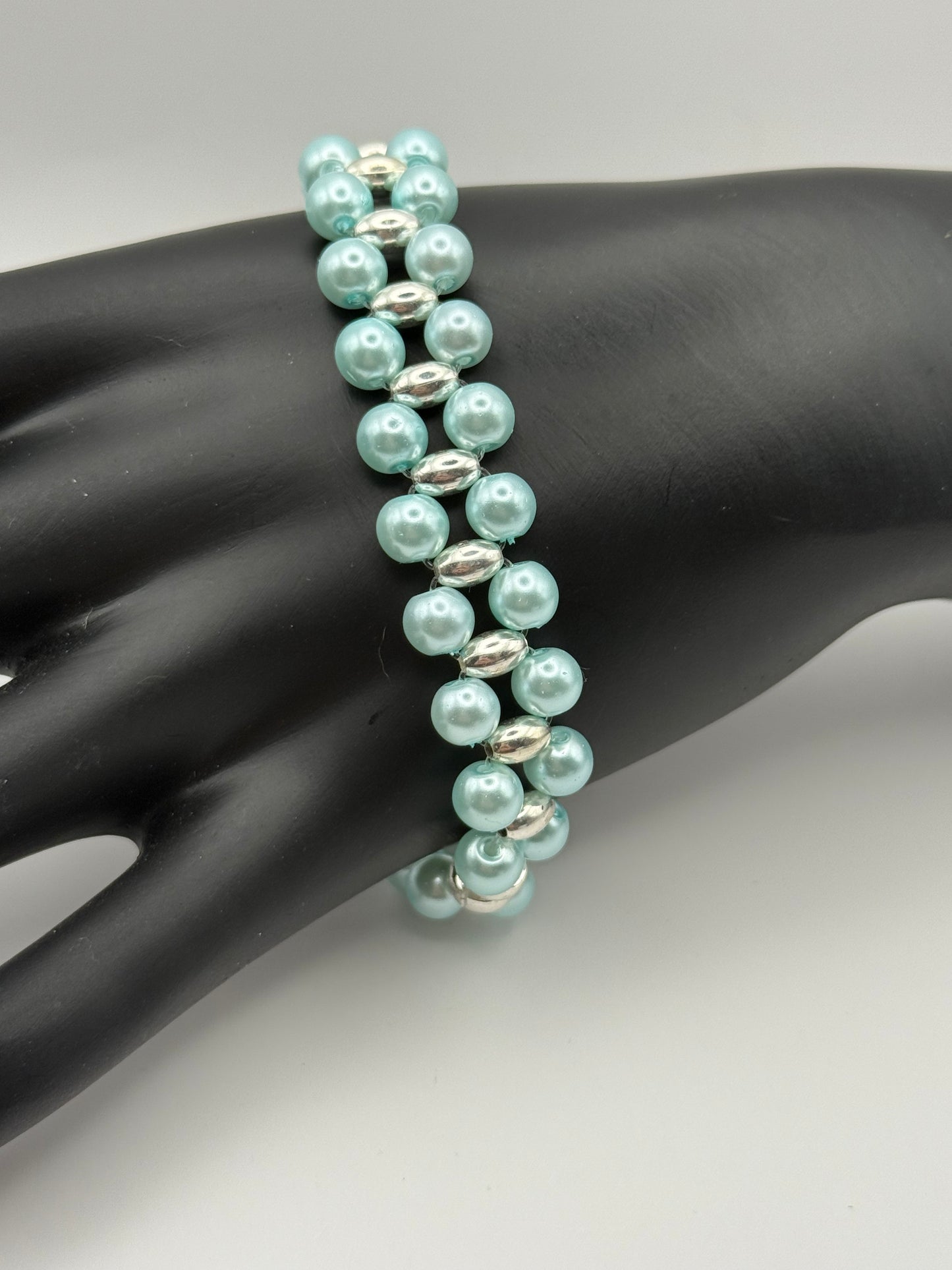 Pastel blue glass pearl elastic bracelet 7.75"
