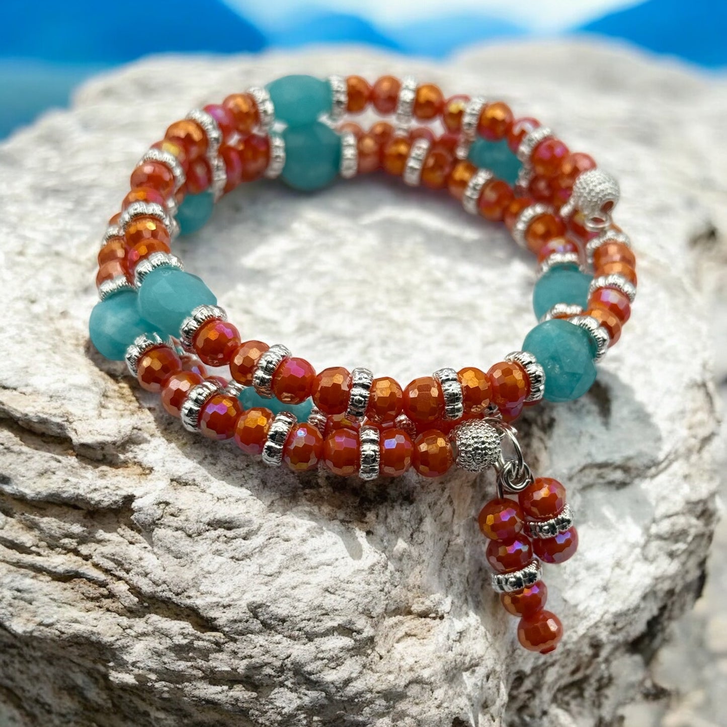 Sunset in Sedona Amazonite and Coral Glass Wrap Bracelet