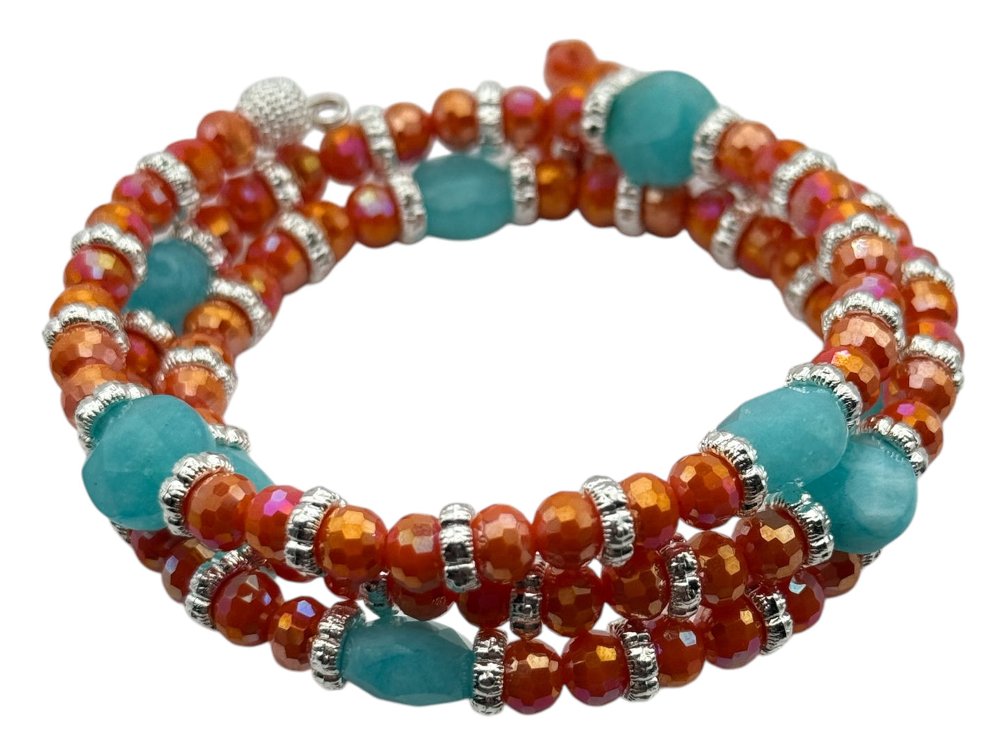 Sunset in Sedona Amazonite and Coral Glass Wrap Bracelet