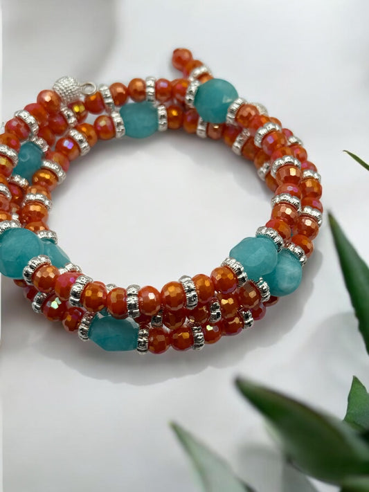 Sunset in Sedona Amazonite and Coral Glass Wrap Bracelet