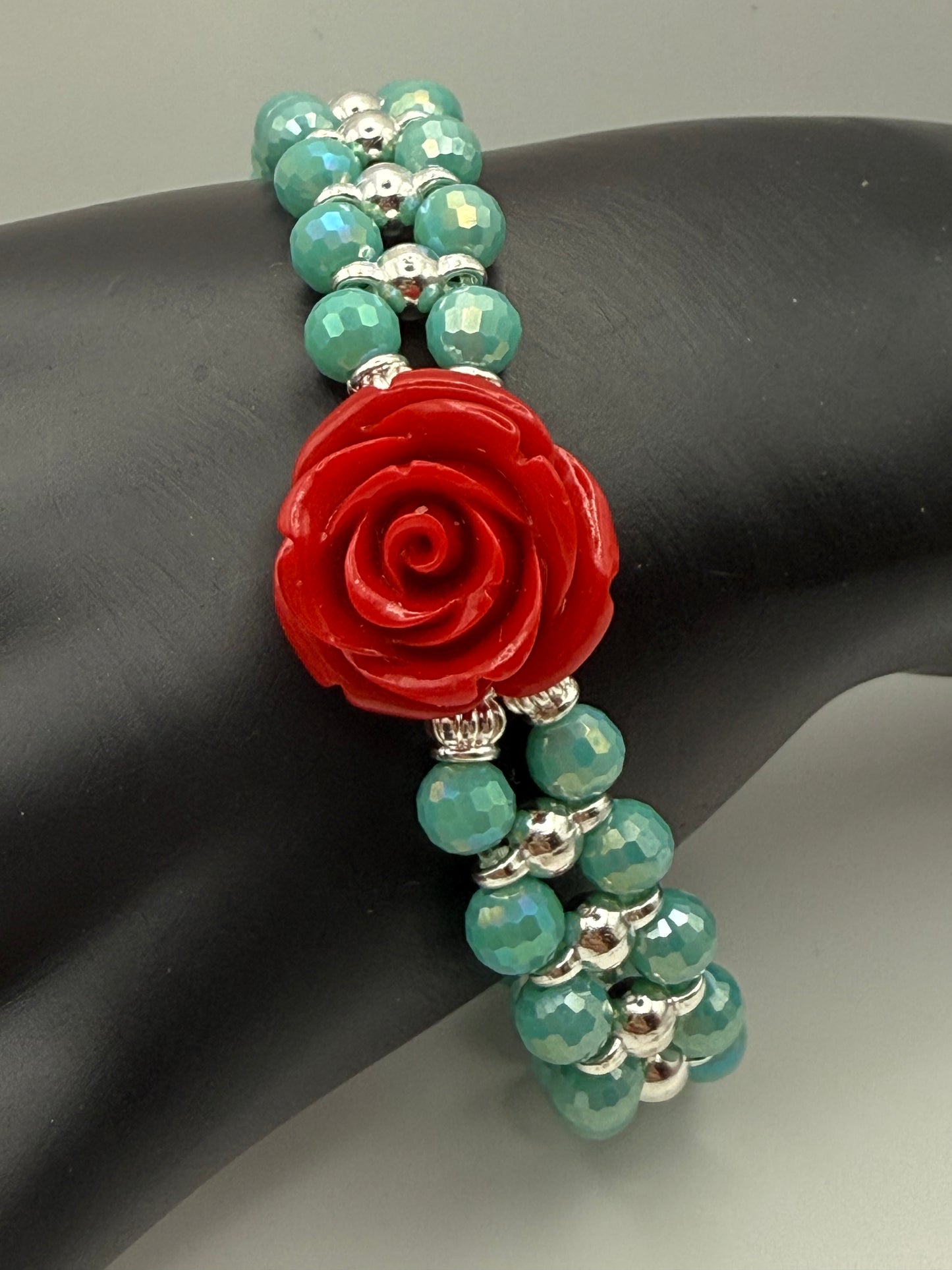 Sky Blue Faceted Glass with Carved Rose focal double banded stretch bracelet 7.75"