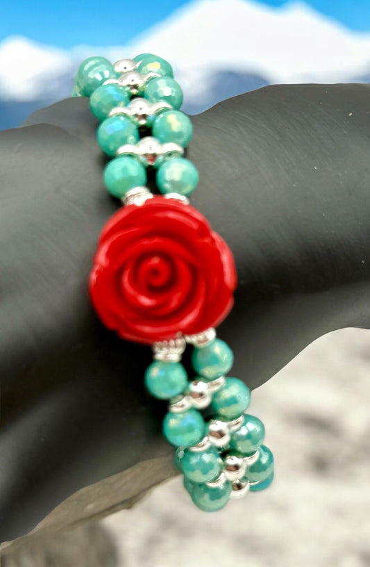 Sky Blue Faceted Glass with Carved Rose focal double banded stretch bracelet 7.75"