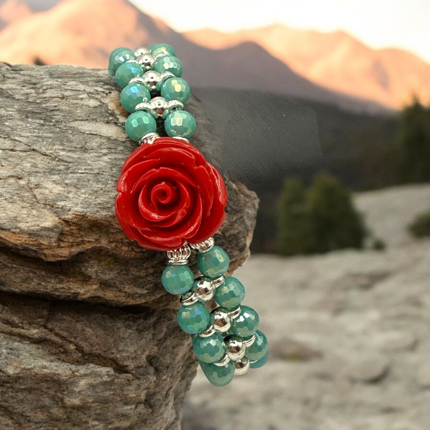 Sky Blue Faceted Glass with Carved Rose focal double banded stretch bracelet 7.75"