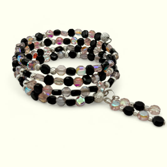 Black and Iridescent Pink Glass Wrap Bracelet - One Size Fits All