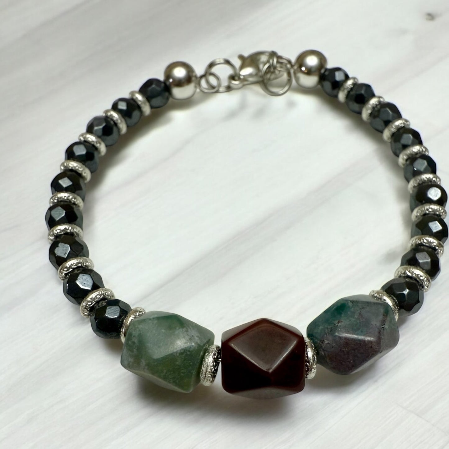 Ocean Jasper and Black Obsidian Bracelet 7.5"