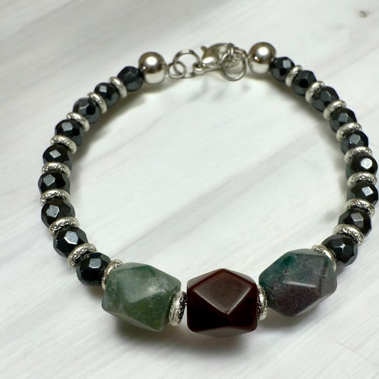 Ocean Jasper and Black Obsidian Bracelet 7.5"
