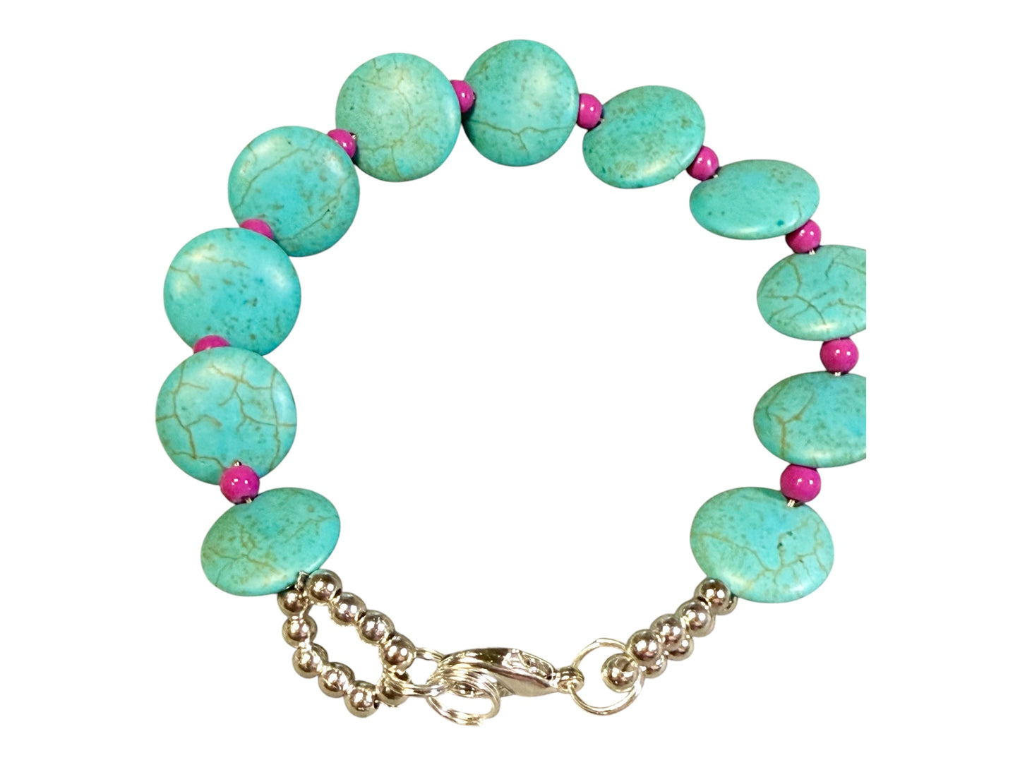 Turquoise Howlite and Bright Pink Bracelet 7.75"