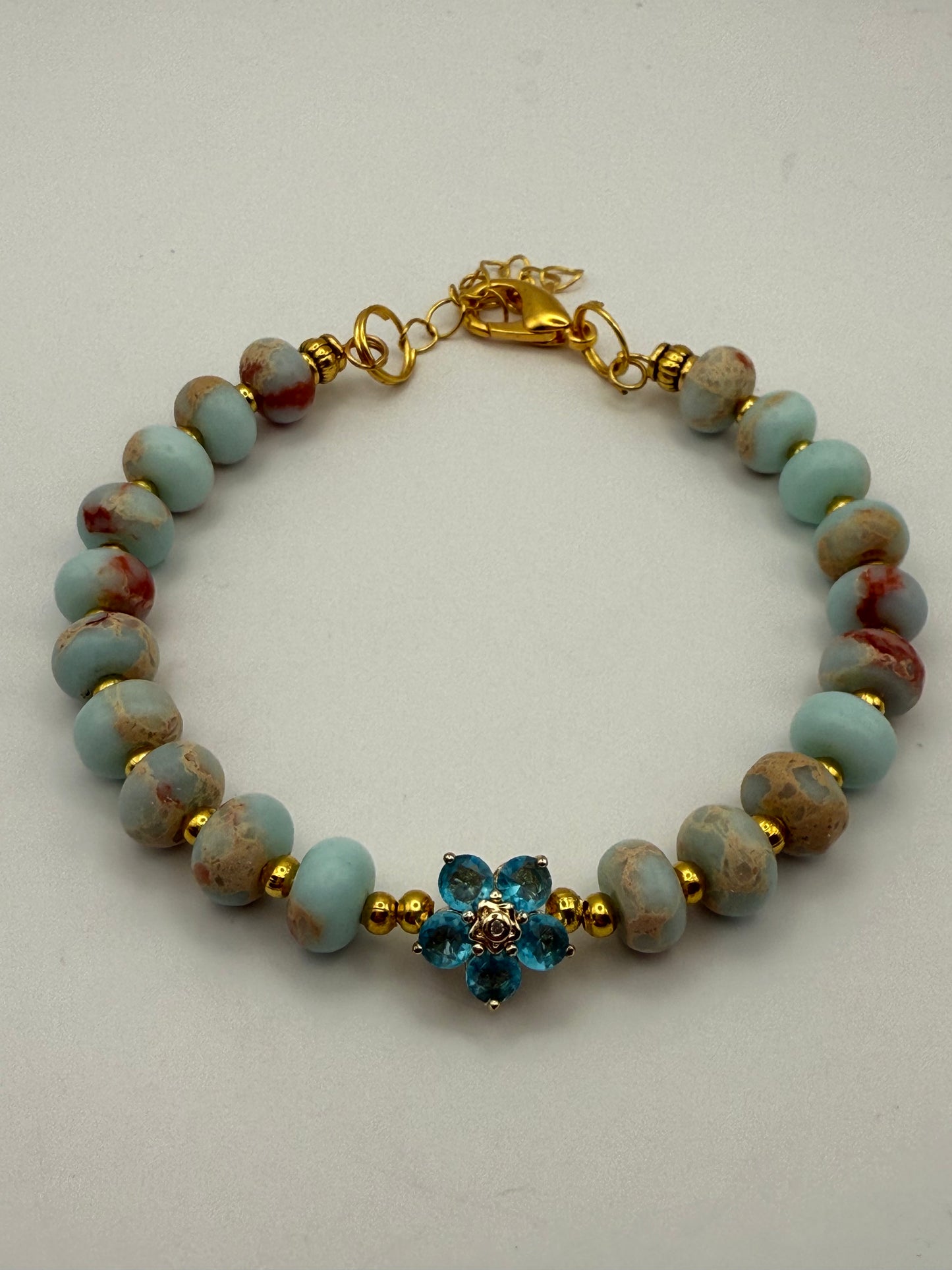 Amazonite and Pyrite Bracelet with golden flower accents 7.5"