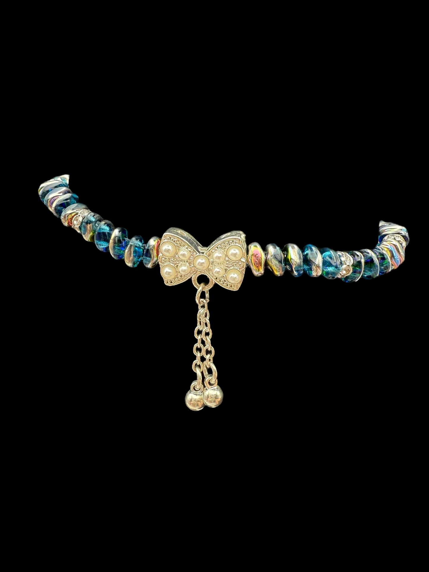 Blue and Green Vitrail Style Bracelet with Pearlescent Bow Focal 7.5"-8"