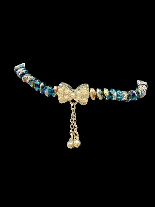 Blue and Green Vitrail Style Bracelet with Pearlescent Bow Focal 7.5"-8"