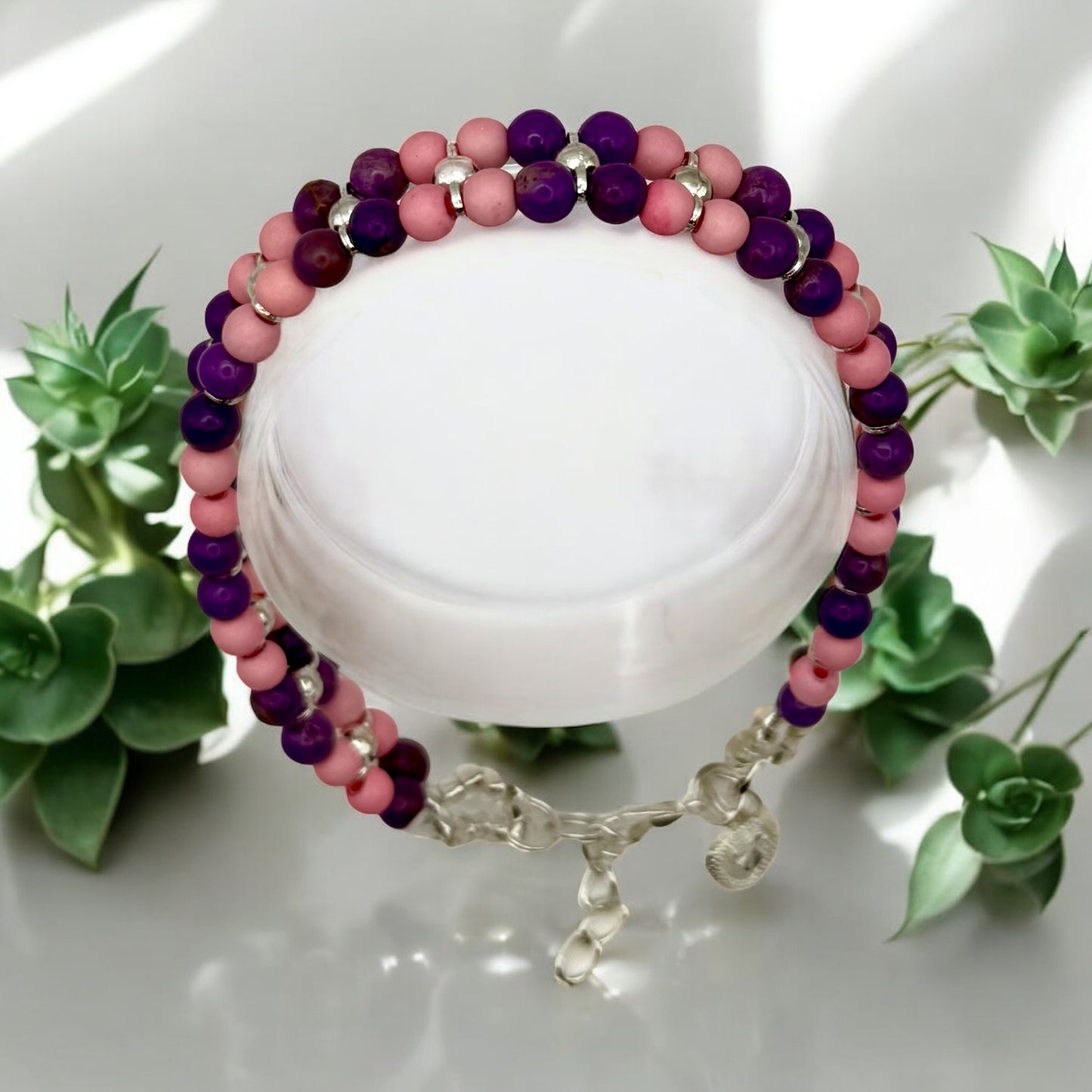 Phosphosiderite and Pink Turquoise Double Band Bracelet 7.5"