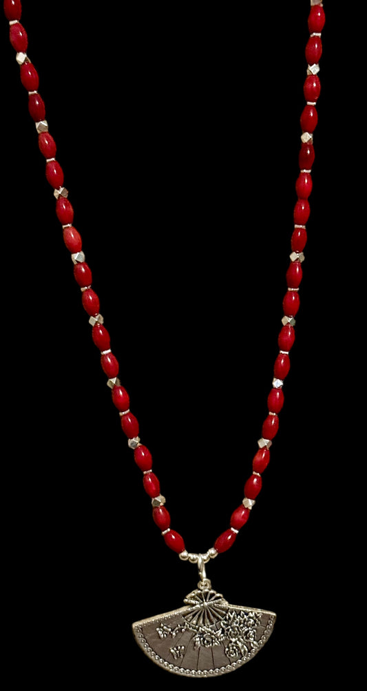 Handmade 26” Coral Red Beaded Necklace with Silver Fan Pendant | Boho Statement Necklace | Asian-Inspired Jewelry | Bold Gift for Her