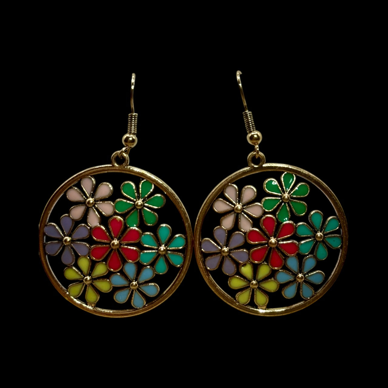 Colorful Flower Hoop Earrings – Boho Dangle Earrings, Retro Floral Jewelry, Statement Earrings, Gift for Her