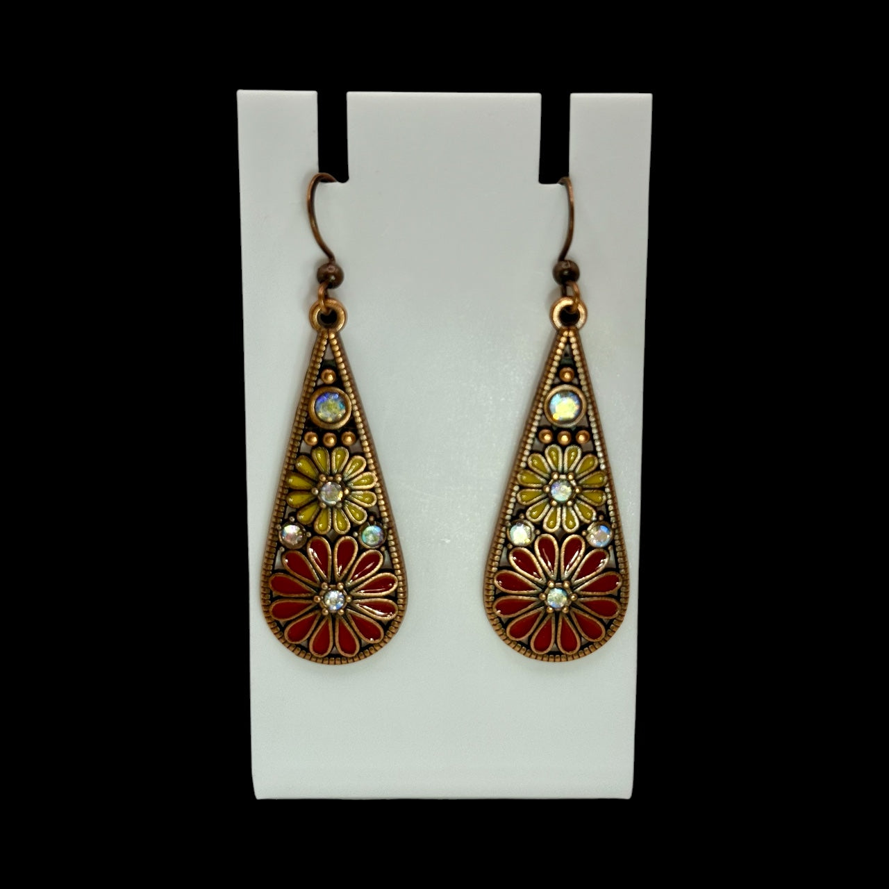 Boho Flower Drop Earrings – Retro Teardrop Earrings with Red & Yellow Enamel, Vintage Style Dangle Jewelry, Gift for Her