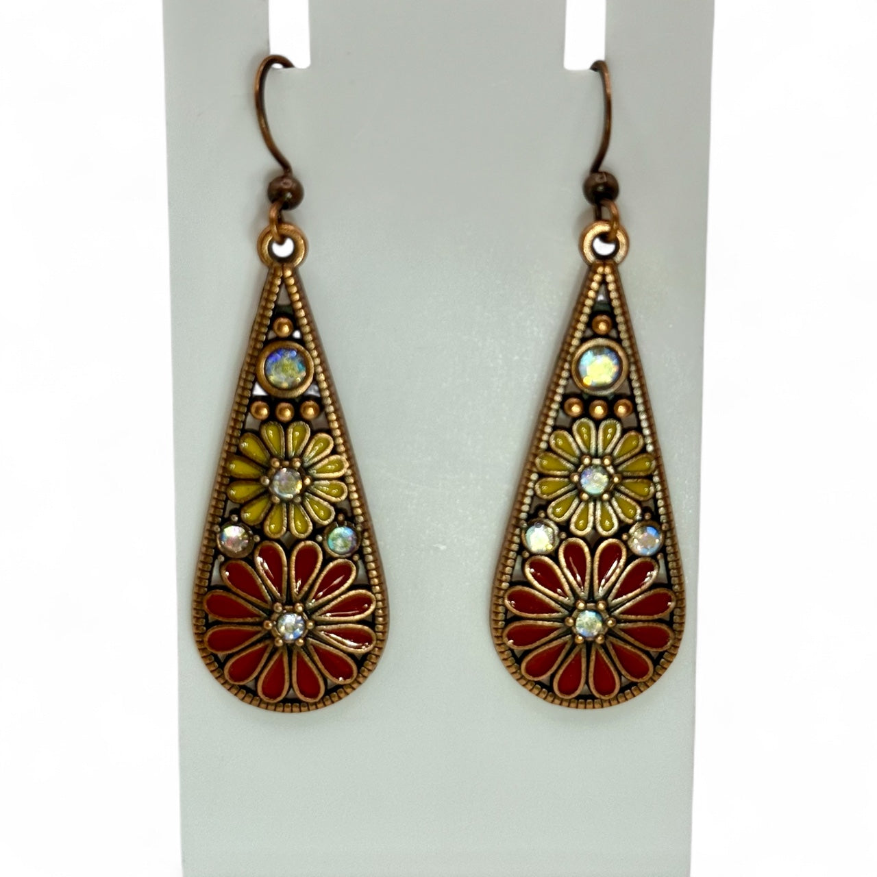 Boho Flower Drop Earrings – Retro Teardrop Earrings with Red & Yellow Enamel, Vintage Style Dangle Jewelry, Gift for Her