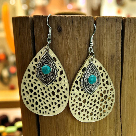 Boho Turquoise Teardrop Earrings – Western Style Dangle Earrings, Statement Earrings, Lightweight Cutout Jewelry, Gift for Her
