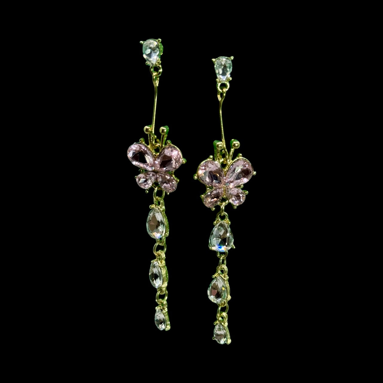 Pink Butterfly Drop Earrings – Crystal Rhinestone Dangle Earrings, Gold Tone Statement Jewelry, Elegant Gift for Her