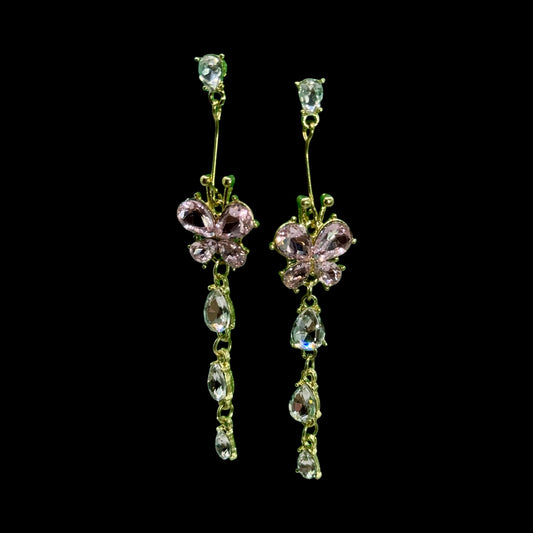 Pink Butterfly Drop Earrings – Crystal Rhinestone Dangle Earrings, Gold Tone Statement Jewelry, Elegant Gift for Her