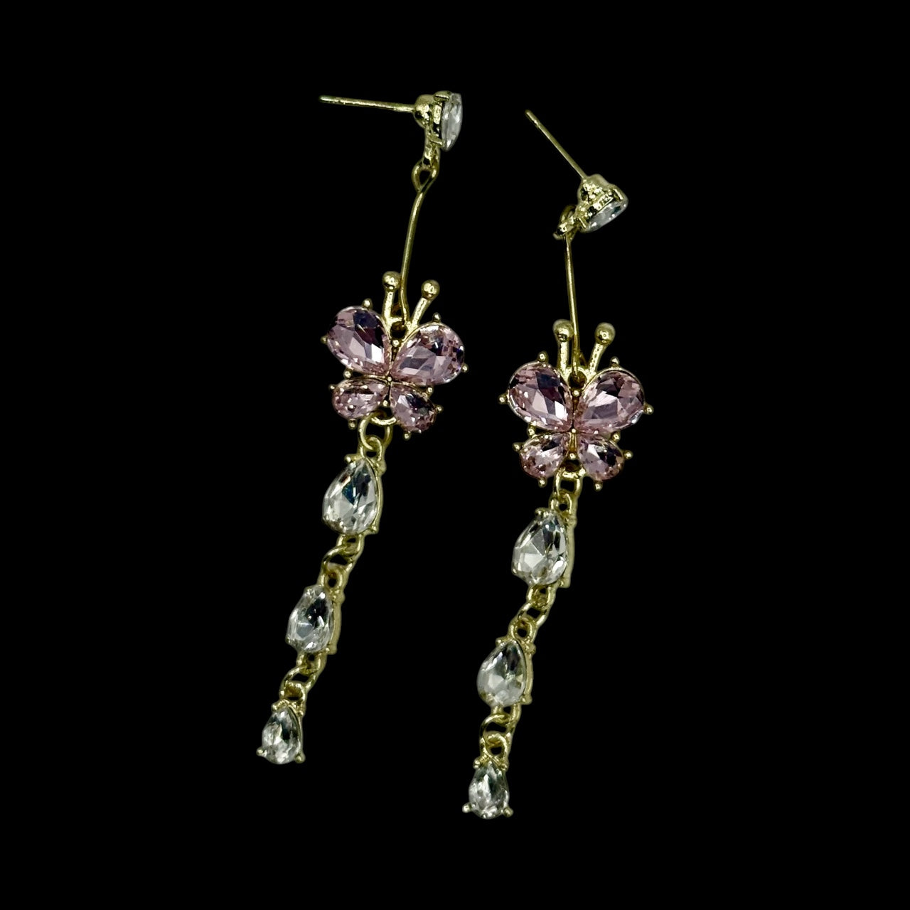 Pink Butterfly Drop Earrings – Crystal Rhinestone Dangle Earrings, Gold Tone Statement Jewelry, Elegant Gift for Her