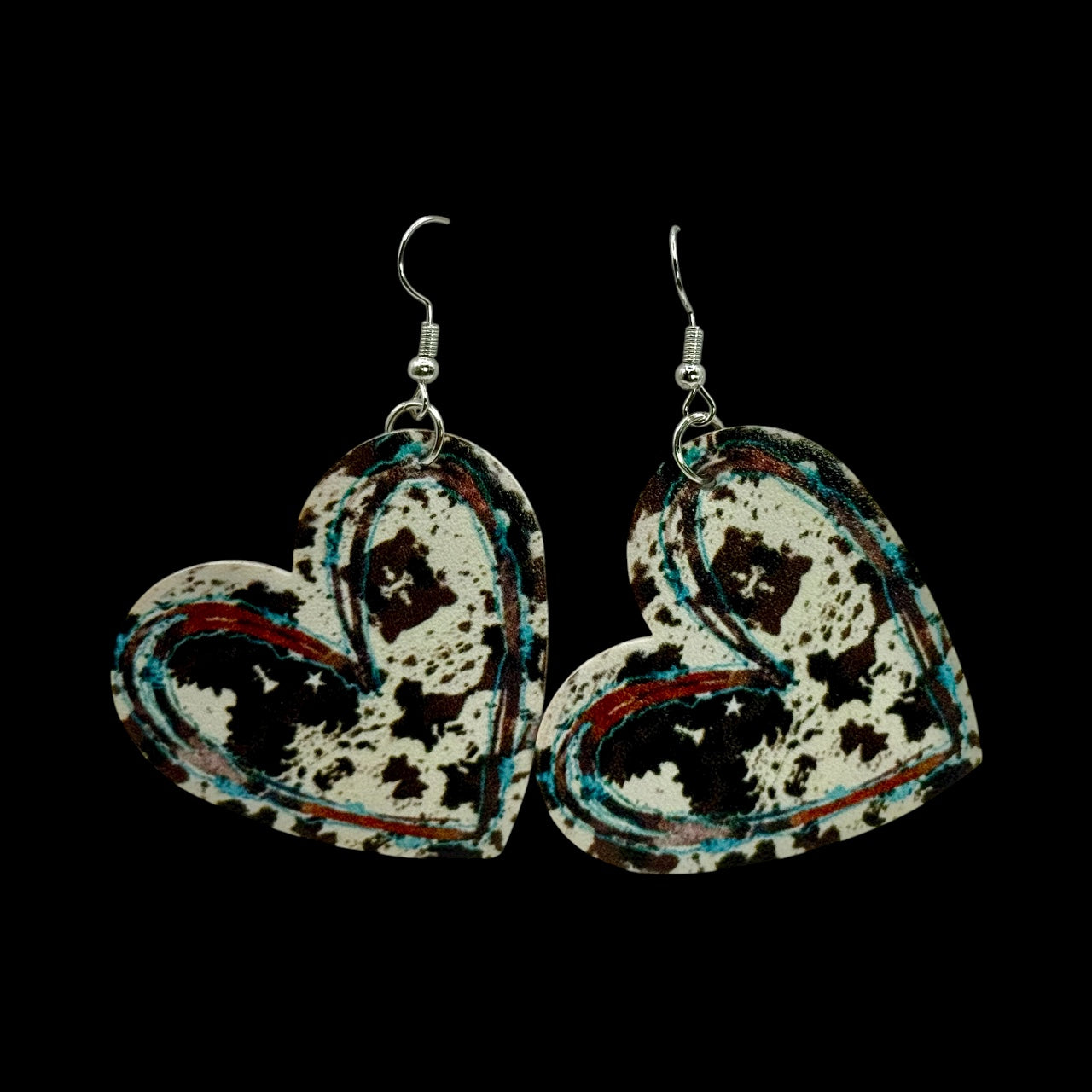 Cowprint Heart Earrings – Faux Leather Dangle Earrings, Western Boho Jewelry, Lightweight Statement Earrings, Gift for Her