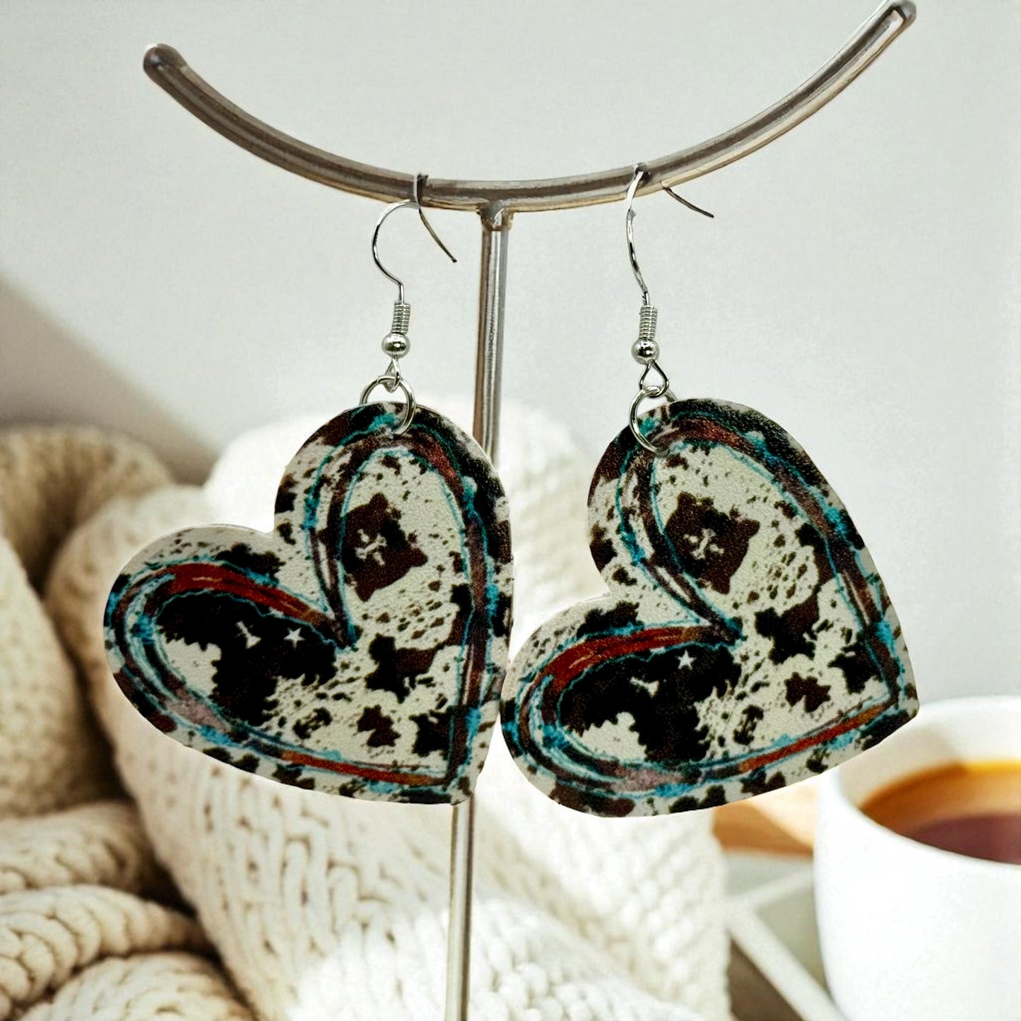 Cowprint Heart Earrings – Faux Leather Dangle Earrings, Western Boho Jewelry, Lightweight Statement Earrings, Gift for Her