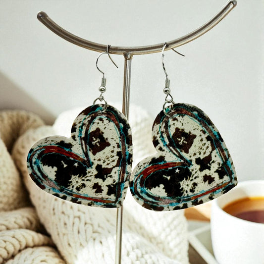 Cowprint Heart Earrings – Faux Leather Dangle Earrings, Western Boho Jewelry, Lightweight Statement Earrings, Gift for Her