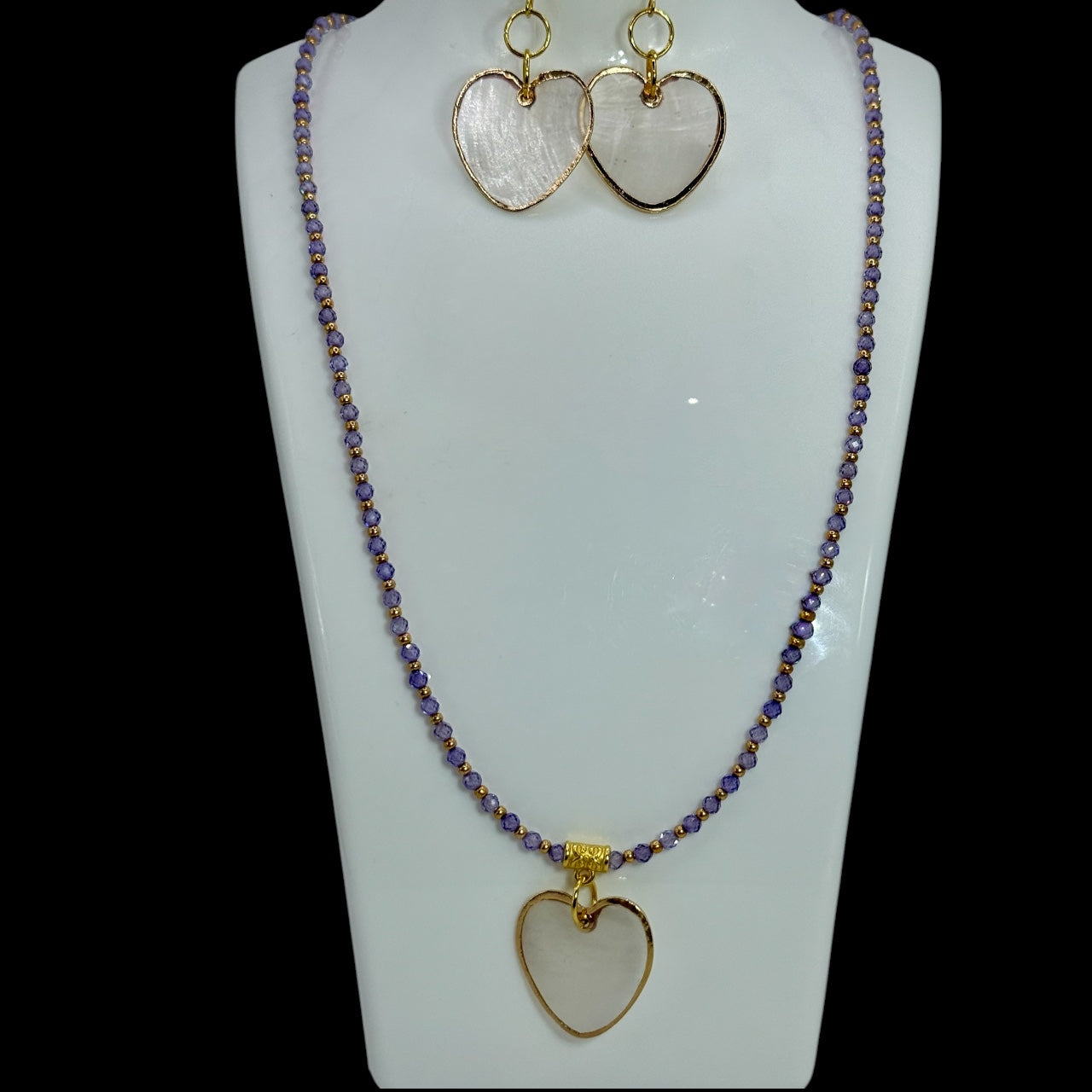 18” Purple Beaded Necklace with Capiz Shell Heart Pendant & Matching Earrings – Handmade Jewelry Gift Set