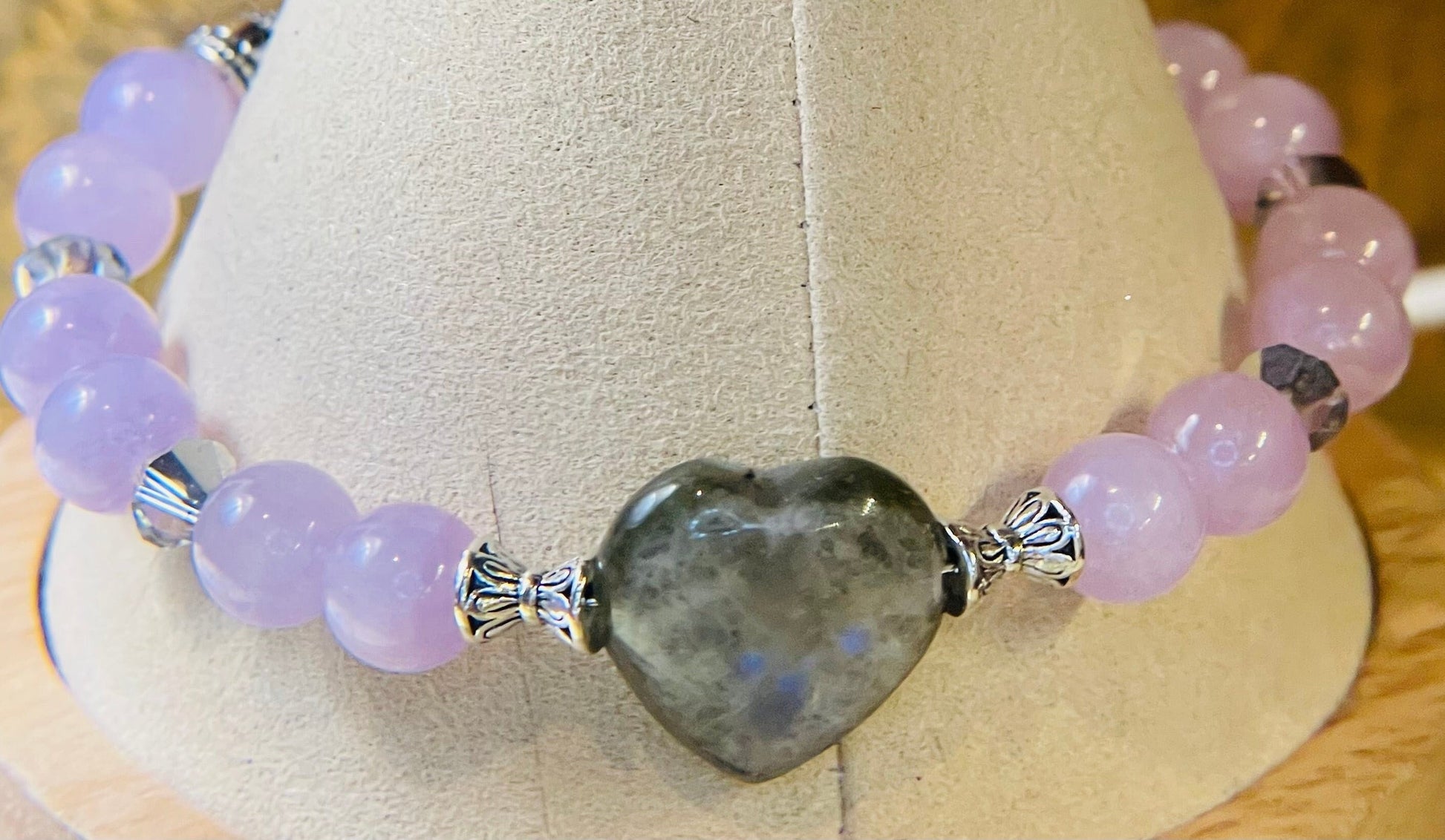 Labradorite heart and pink jade bracelet 7.75&quot;-8&quot;