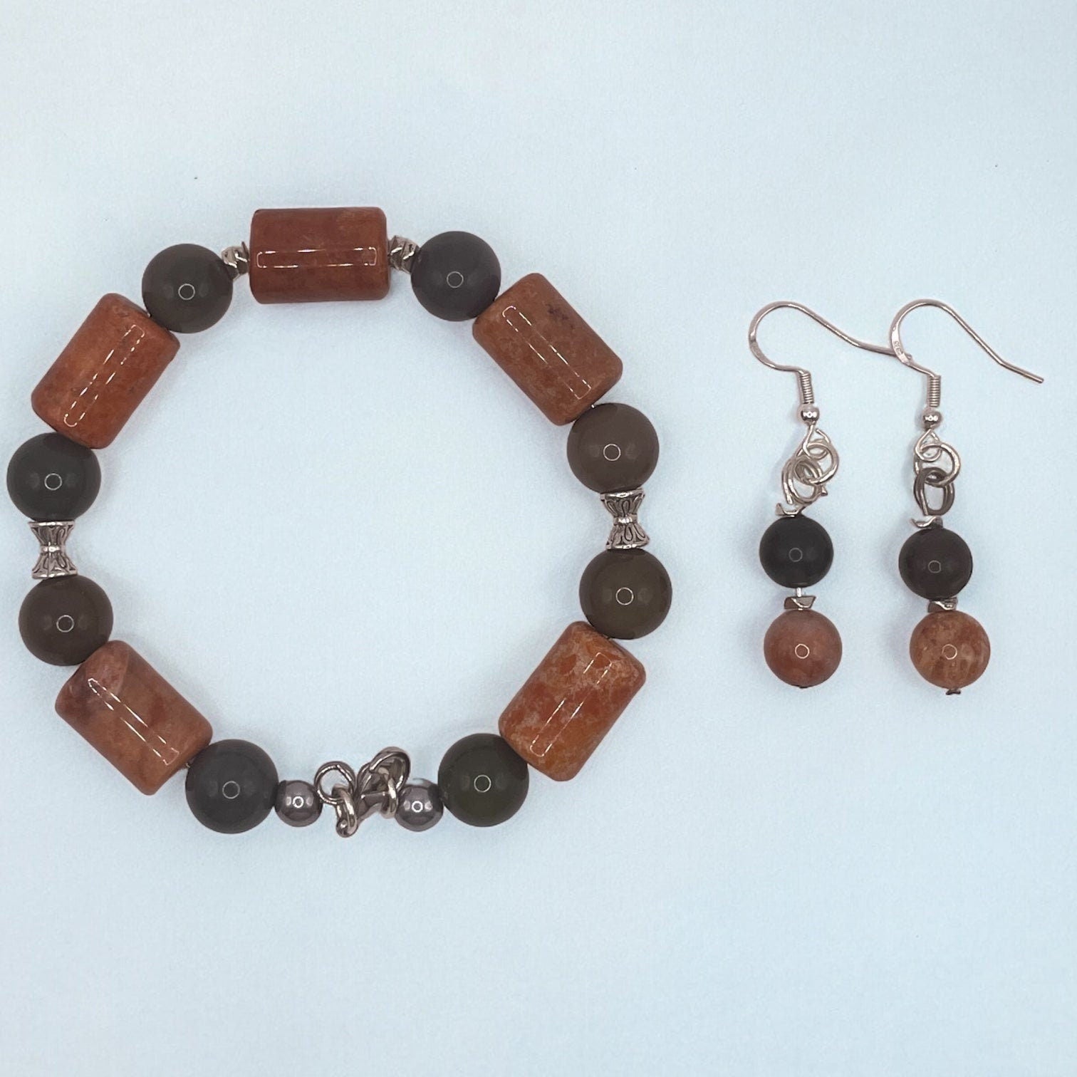 Green Garnet and Orange Agate wire bracelet 7.25&quot; with matching earrings