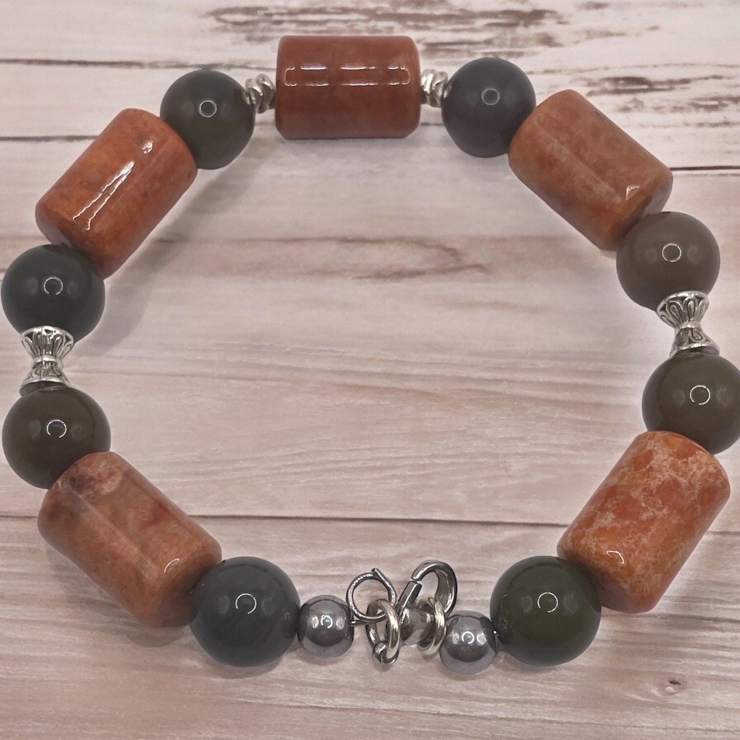 Green Garnet and Orange Agate wire bracelet 7.25&quot; with matching earrings