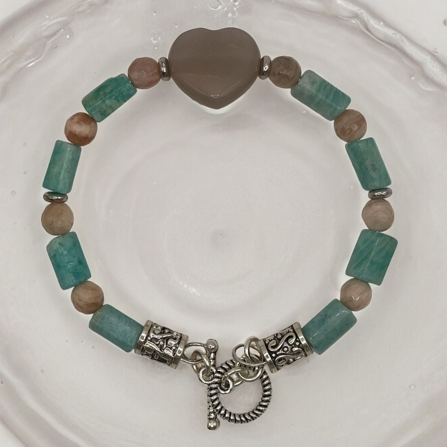Moonstone Heart and Amazonite wire bracelet 7.5&quot;