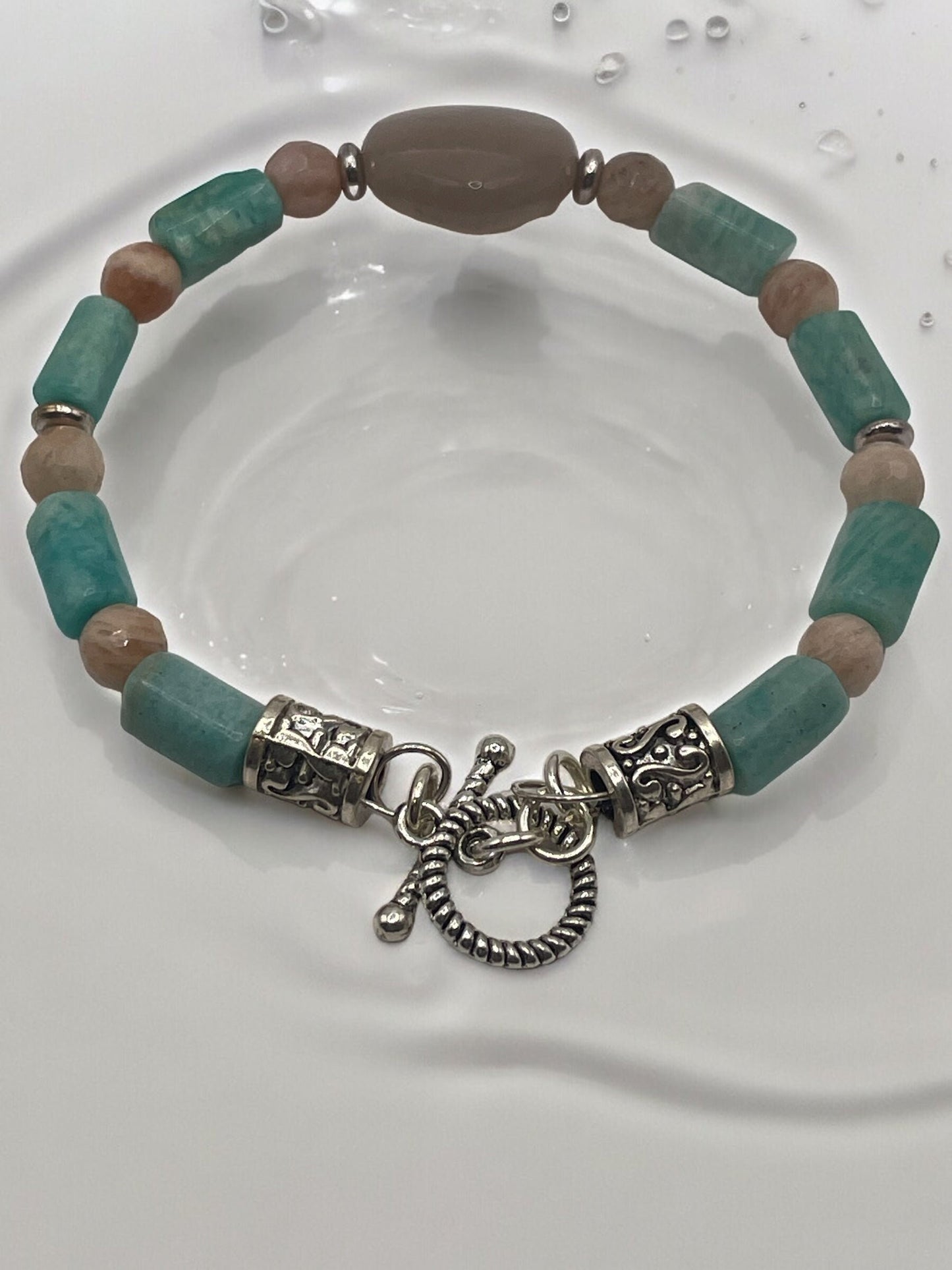 Moonstone Heart and Amazonite wire bracelet 7.5&quot;