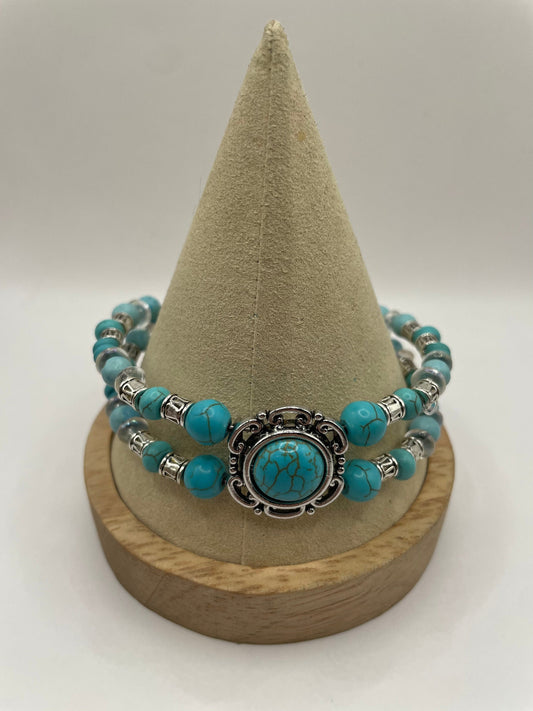 Howlite and Turquoise Silver Double Banded Bracelet 7.5&quot;