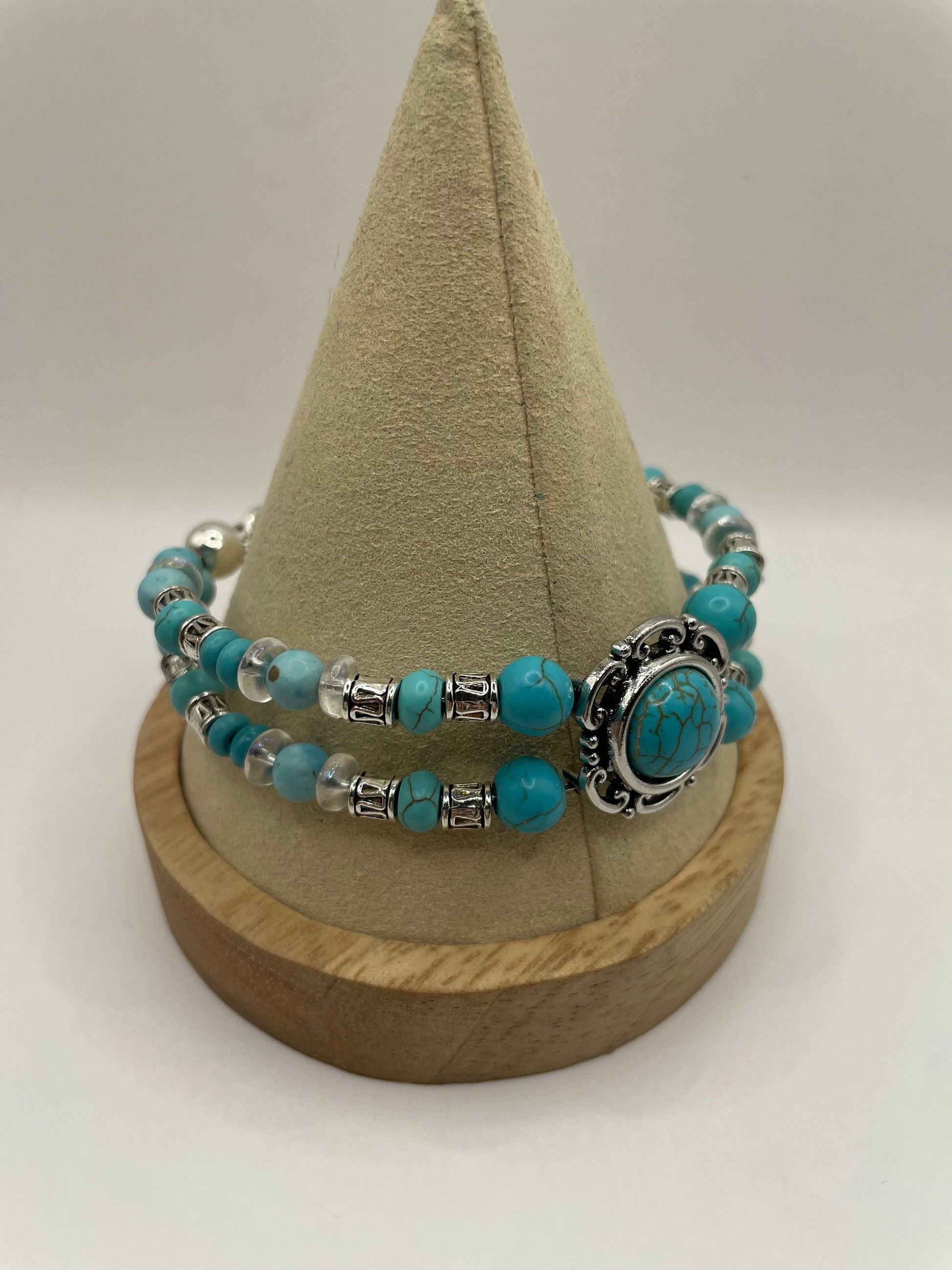 Howlite and Turquoise Silver Double Banded Bracelet 7.5&quot;