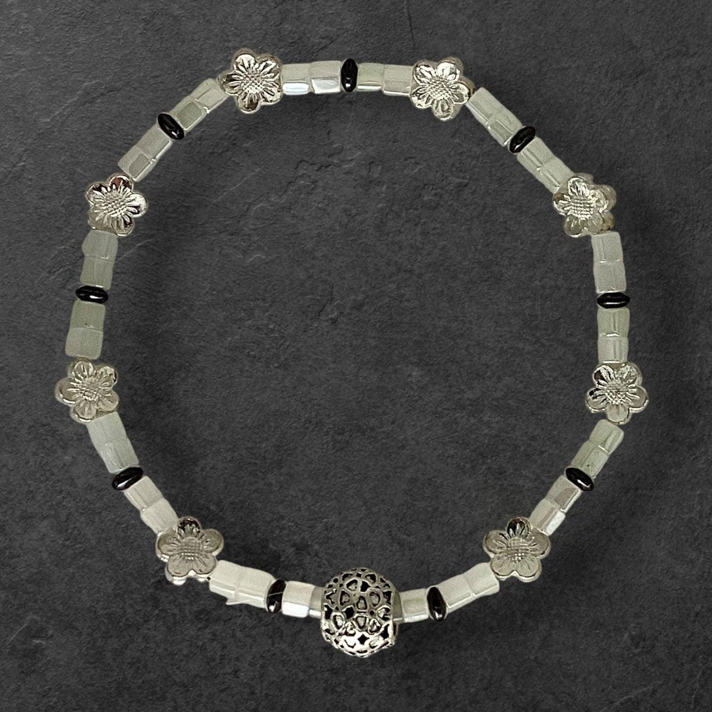 Mother of Pearl with Silver Flower Accents Stretch Bracelet 7.5&quot;