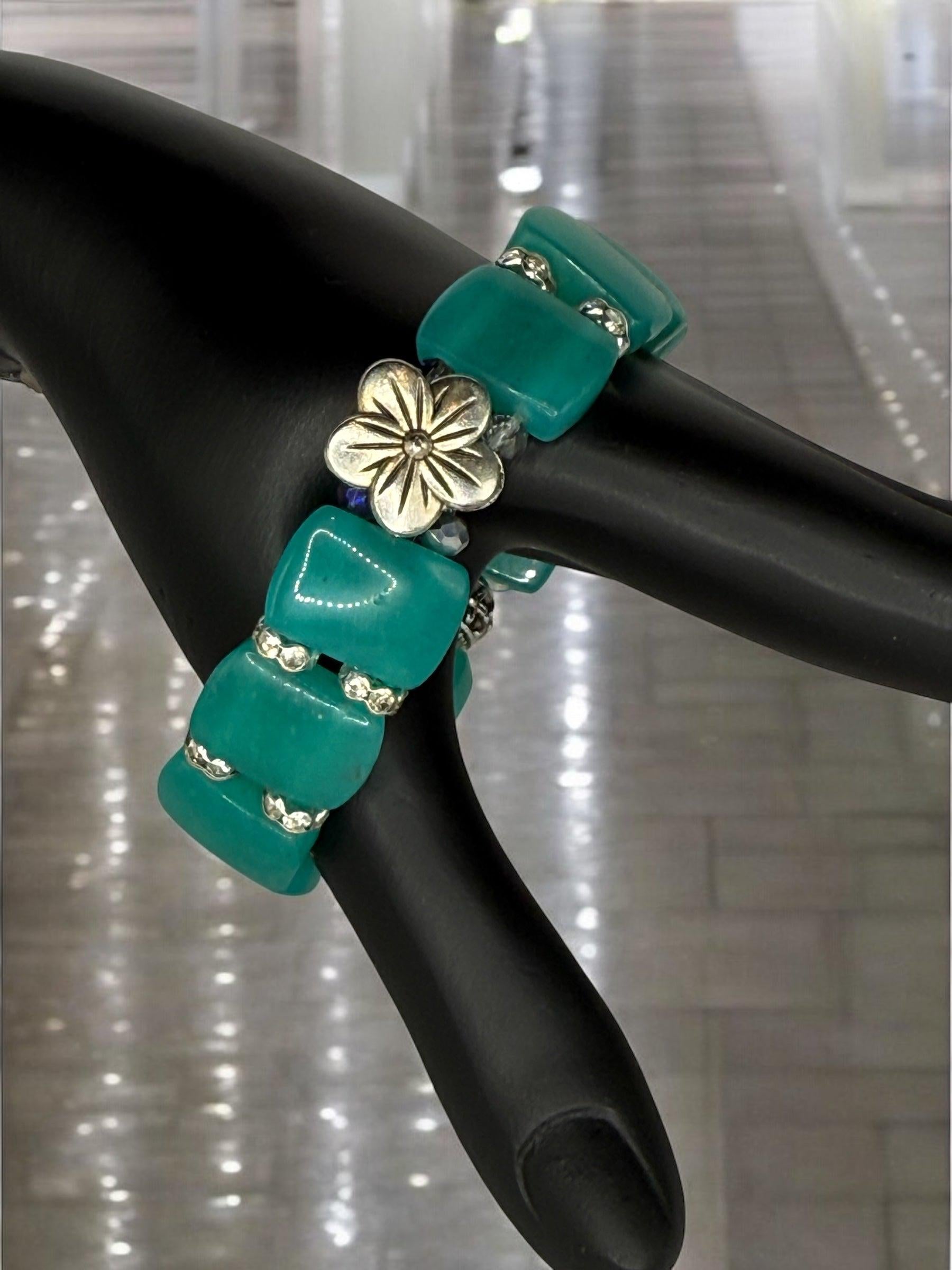 Amazonite Stretch Bangle Bracelet with Plumeria Focal 7.5&quot;