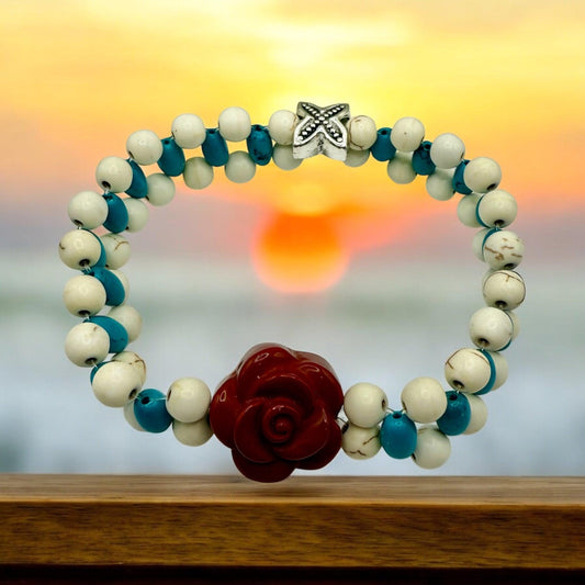 White and Turquoise Howlite Double Strand Stretch Bracelet with Red Jasper Rose Focal 8&quot;