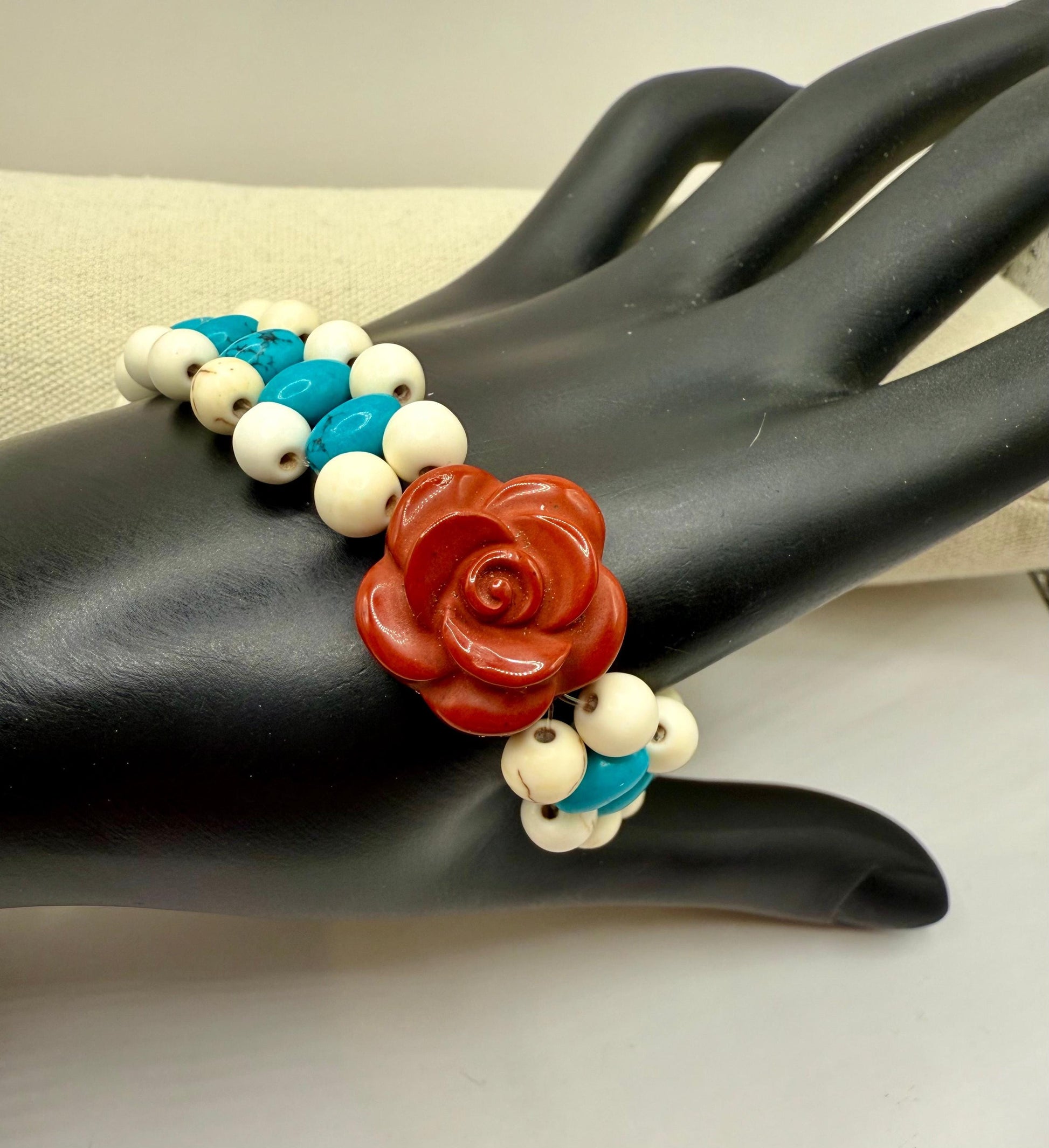 White and Turquoise Howlite Double Strand Stretch Bracelet with Red Jasper Rose Focal 8&quot;
