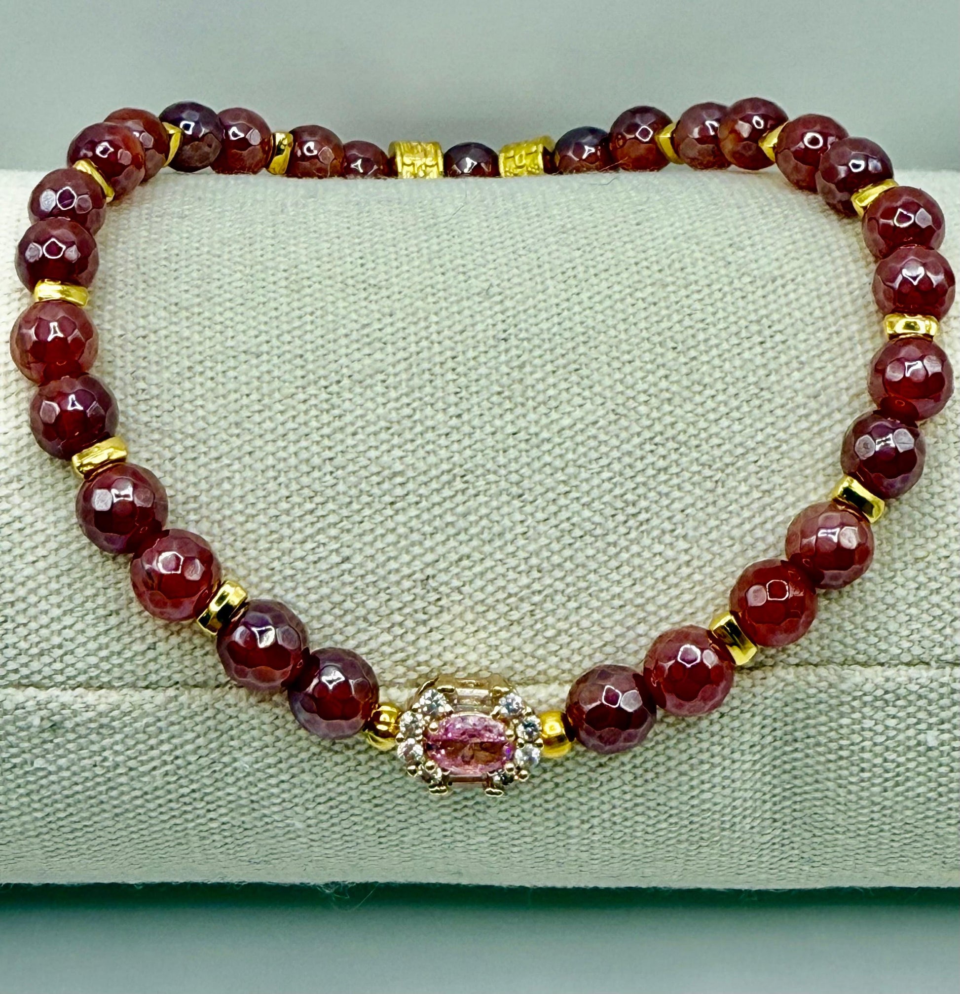 Cranberry Agate Stretch Bracelet with Pink Rhinestone Focal 8&quot;
