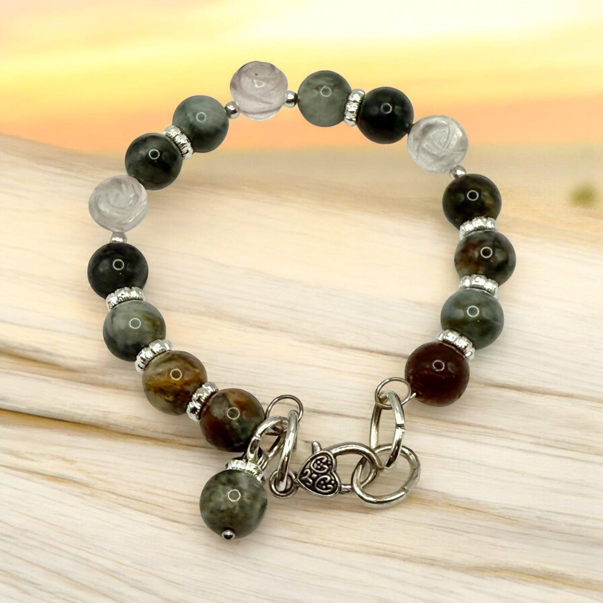 Ocean Jasper with Fluorite Roses Wired Bracelet 7.5&quot;-7.75&quot;