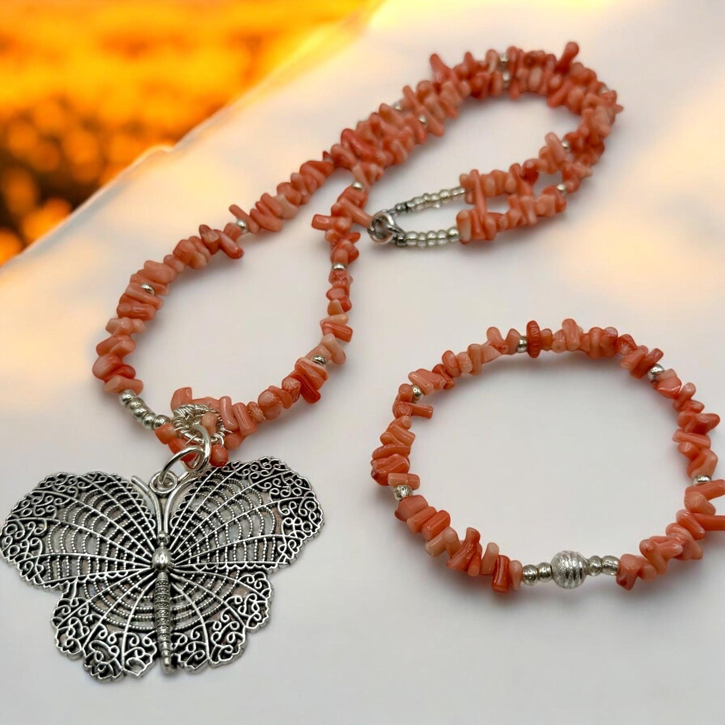 Coral 26&quot; Butterfly Pendant Necklace with Matching Stretch Bracelet 7.75&quot;-8&quot;