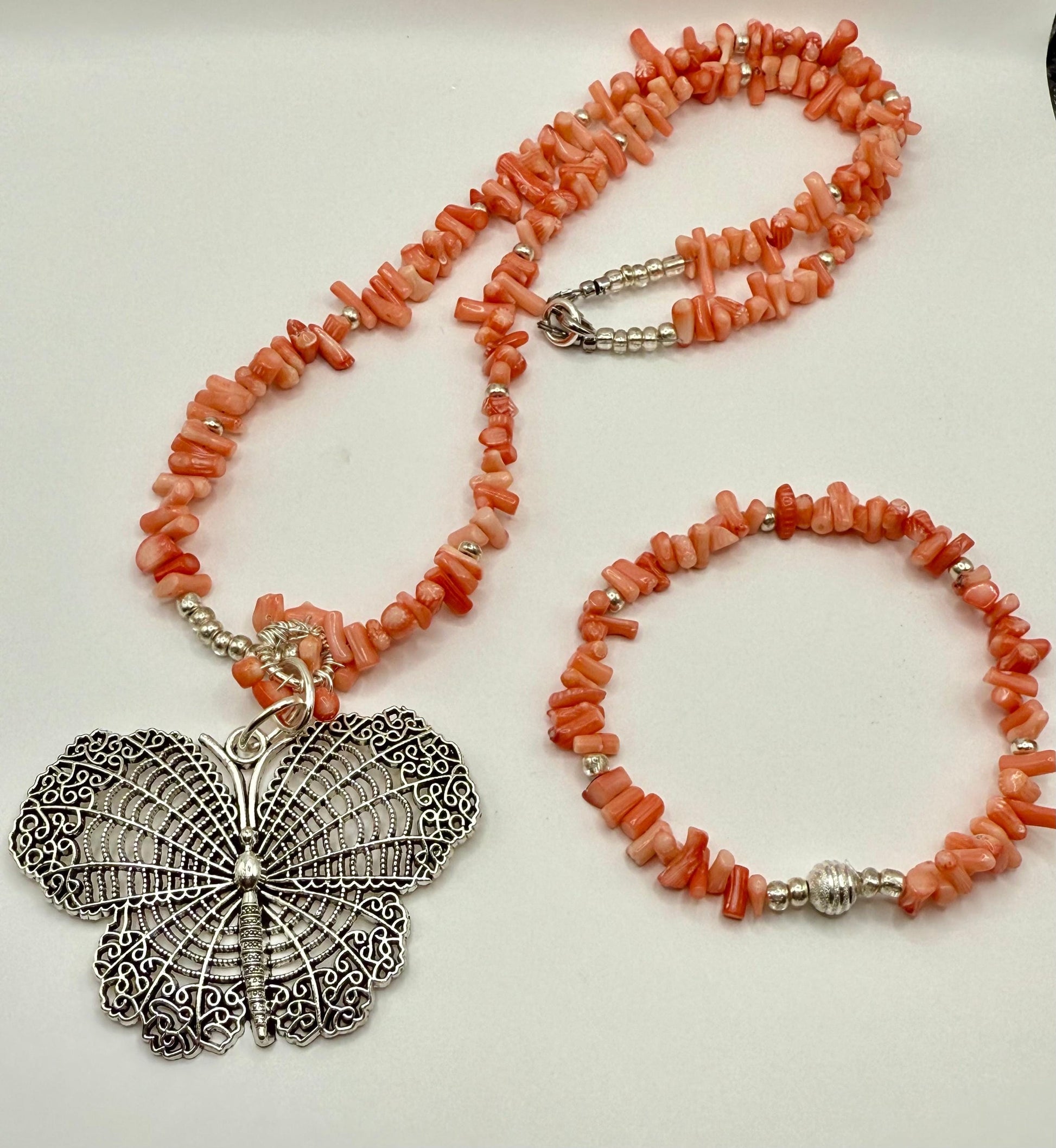 Coral 26&quot; Butterfly Pendant Necklace with Matching Stretch Bracelet 7.75&quot;-8&quot;