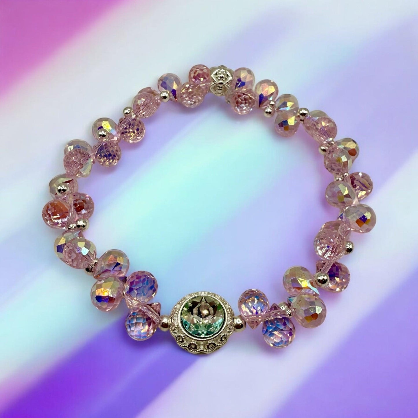 Pink Faceted Disco Stretch Bracelet with Rhinestone Focal 7.5&quot;-7.75&quot;