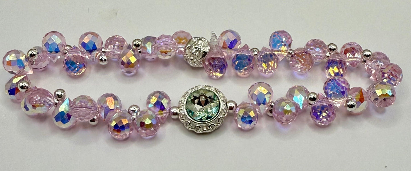 Pink Faceted Disco Stretch Bracelet with Rhinestone Focal 7.5&quot;-7.75&quot;