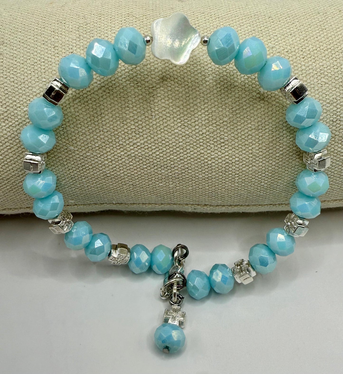 Sky Blue Faceted Glass with Mother of Pearl Petal Focal Bracelets