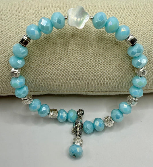 Sky Blue Faceted Glass with Mother of Pearl Petal Focal Bracelets