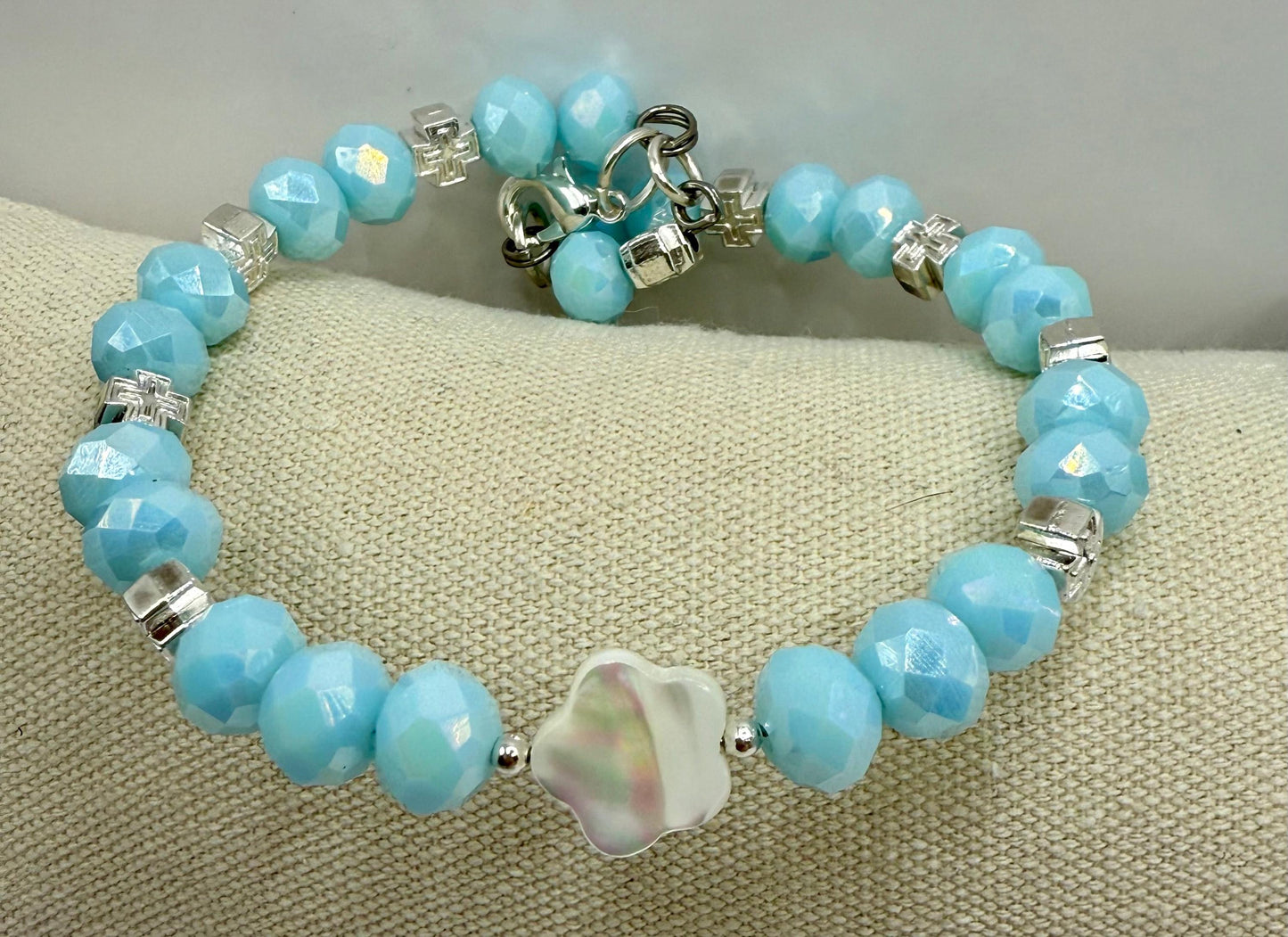 Sky Blue Faceted Glass with Mother of Pearl Petal Focal Bracelets