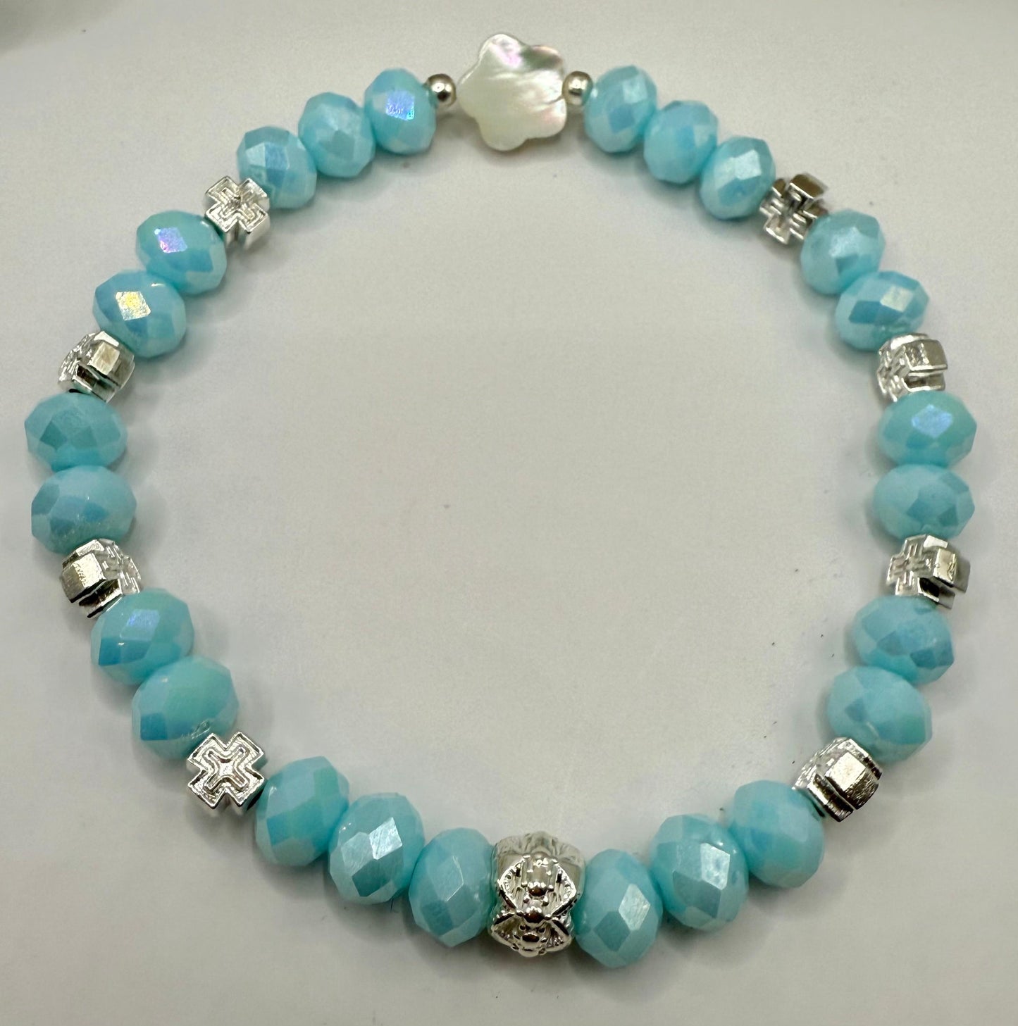 Sky Blue Faceted Glass with Mother of Pearl Petal Focal Bracelets