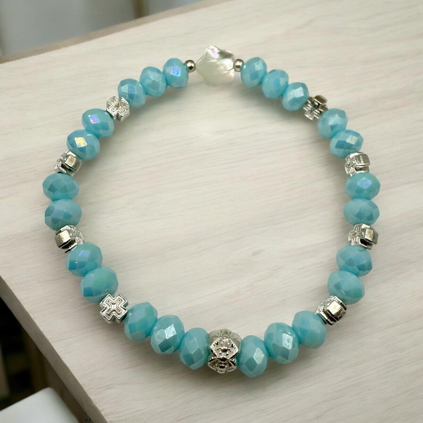 Sky Blue Faceted Glass with Mother of Pearl Petal Focal Bracelets