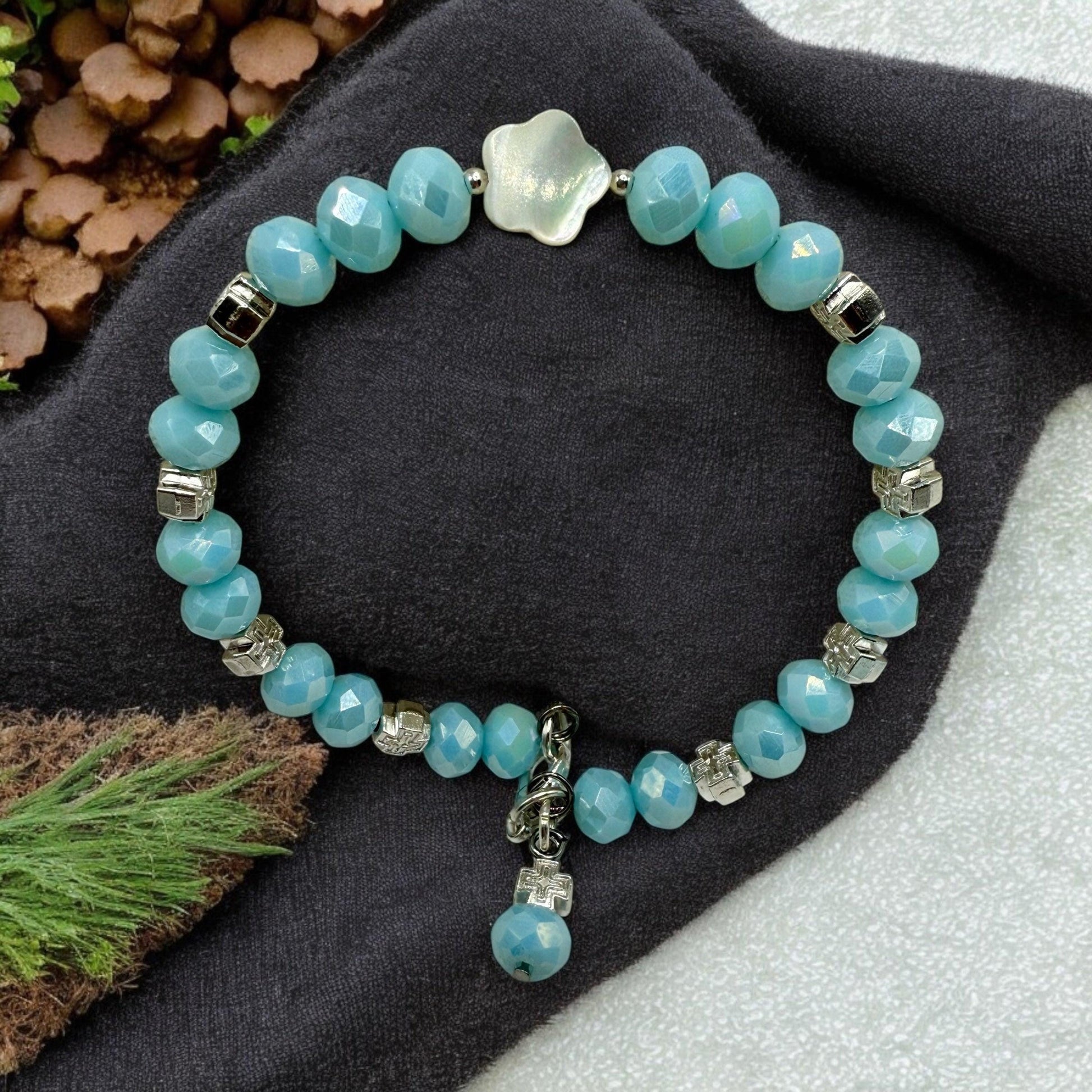 Sky Blue Faceted Glass with Mother of Pearl Petal Focal Bracelets